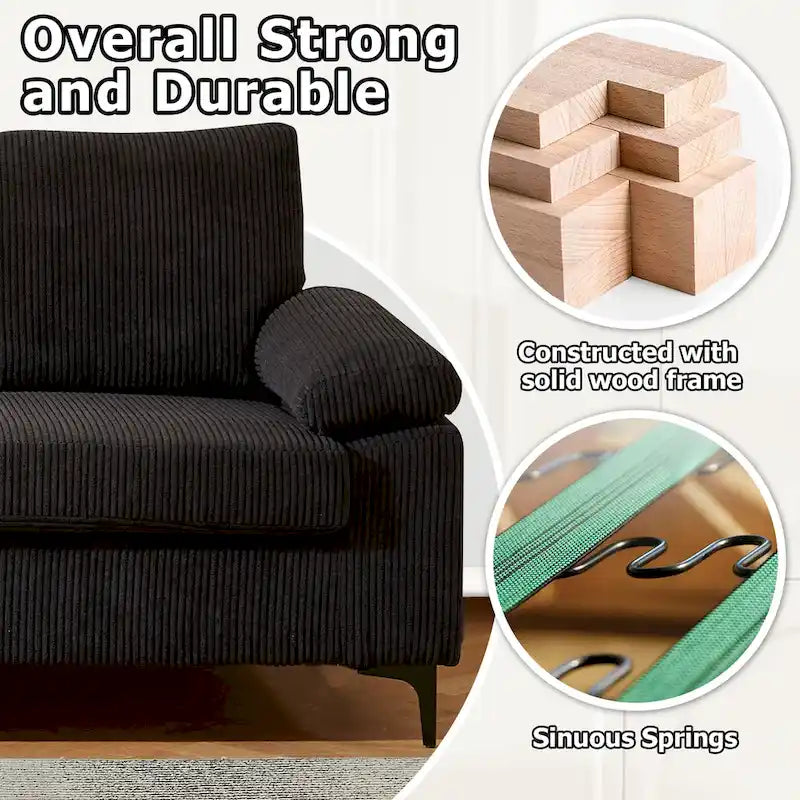 HOOOWOOO Reversible Corduroy Chaise Sofa with Wide Armrests and Ottoman for Living Room