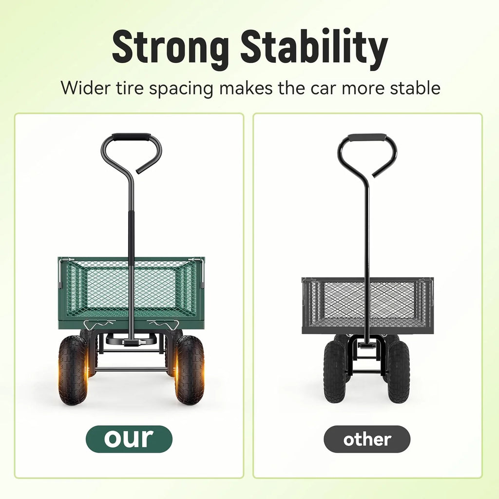 Steel Garden Cart, 2-in-1 1400 lbs Heavy Duty Utility Wagon, with Removable Mesh Sides to Convert into Flatbed, 240 U-Turn 13" Pneumatic Tires Garden Wagon for Farm Yard Lawn Garden Camping