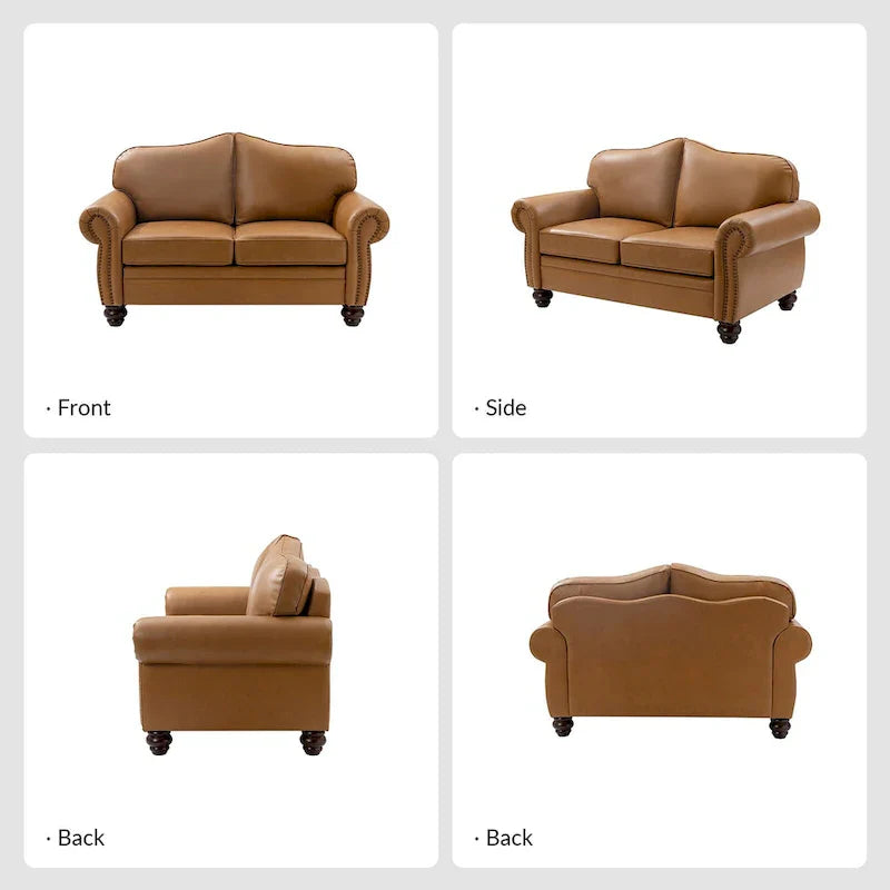 Leather Loveseat Sofa with Rolled Arms and Nailhead Trim