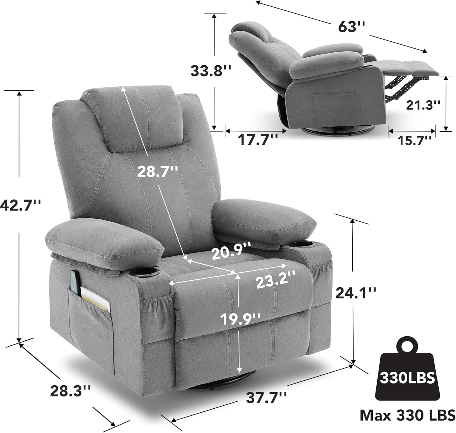Oversized Swivel Rocker Recliner Chair with Heat and Massage, 360 Degree Swivel Rocking Single Sofa with Cup Holders and USB Port, Large Big Recliner Chair for Living Room (Leather, Brown)