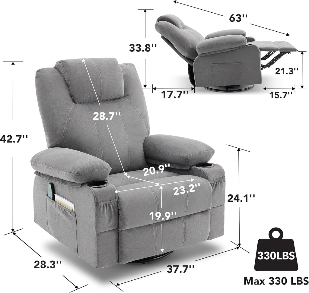 Oversized Swivel Rocker Recliner Chair with Heat and Massage, 360 Degree Swivel Rocking Single Sofa with Cup Holders and USB Port, Large Big Recliner Chair for Living Room (Leather, Brown)