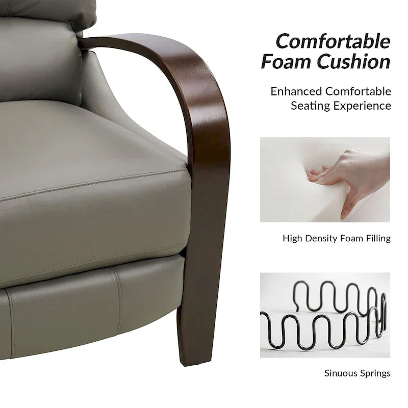 Set of 2 Alex Mid-Century Modern Genuine Leather Manual Recliners with Curved Wooden Arms