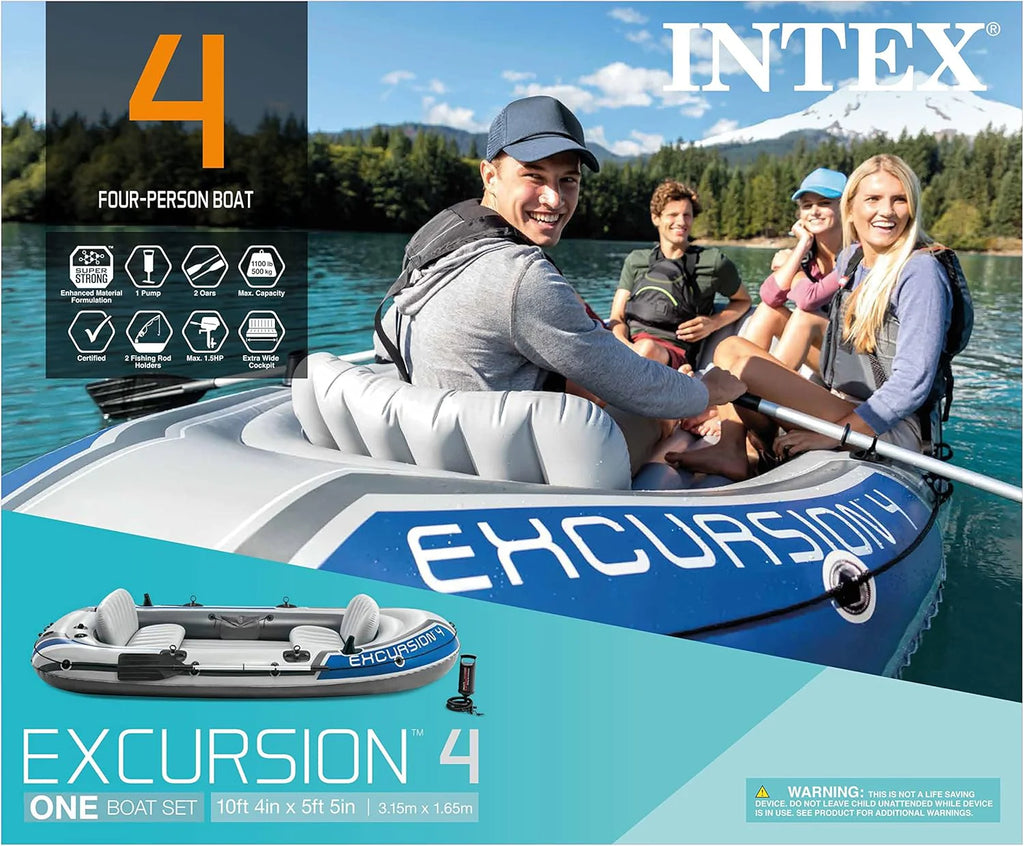 Excursion Inflatable Boat Series: Includes Deluxe 54in Boat Oars and High-Output Pump – SuperTough PVC – Adjustable Seats with Backrest – Fishing Rod Holders – Welded Oar Locks