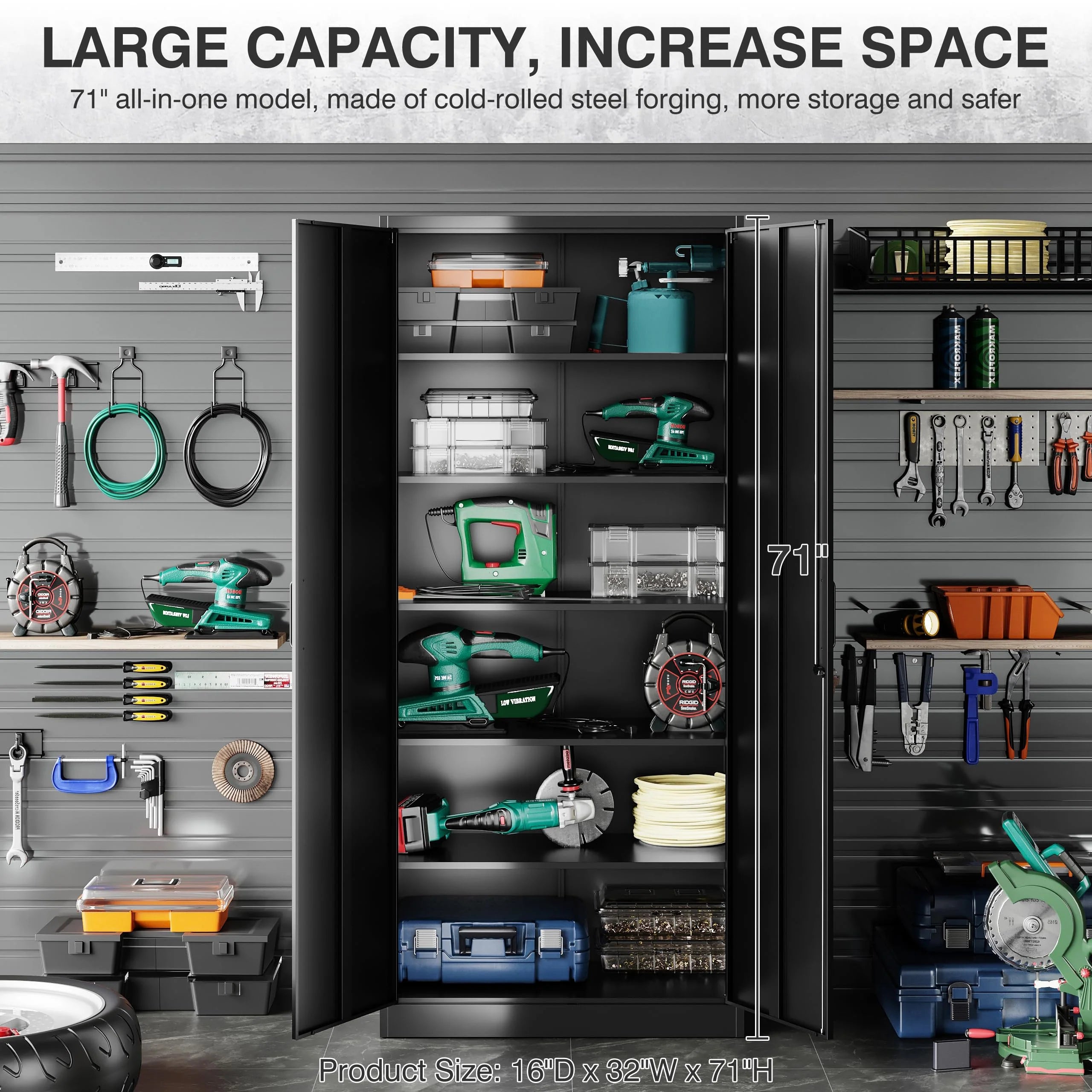 SISESOL 71" Metal Garage Storage Cabinet with 2 Doors