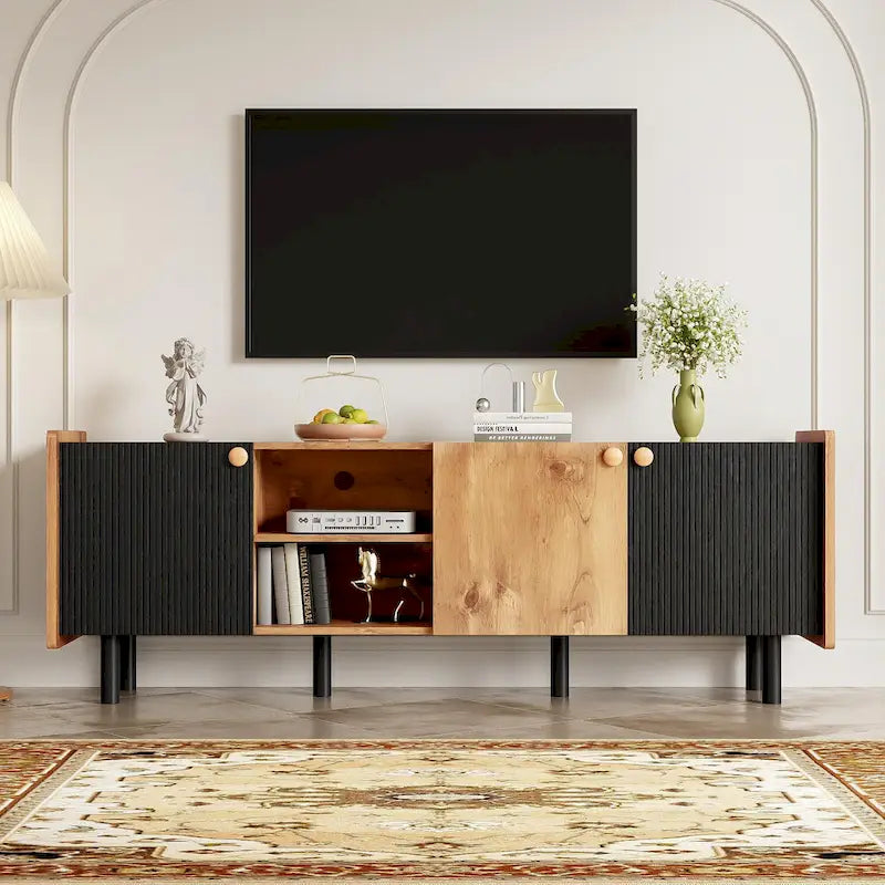 Mid-Century Modern TV Stand with 3 Cabinets - Media Console for TVs up to 70 inches, Stylish Entertainment Center with Storage for Living Room