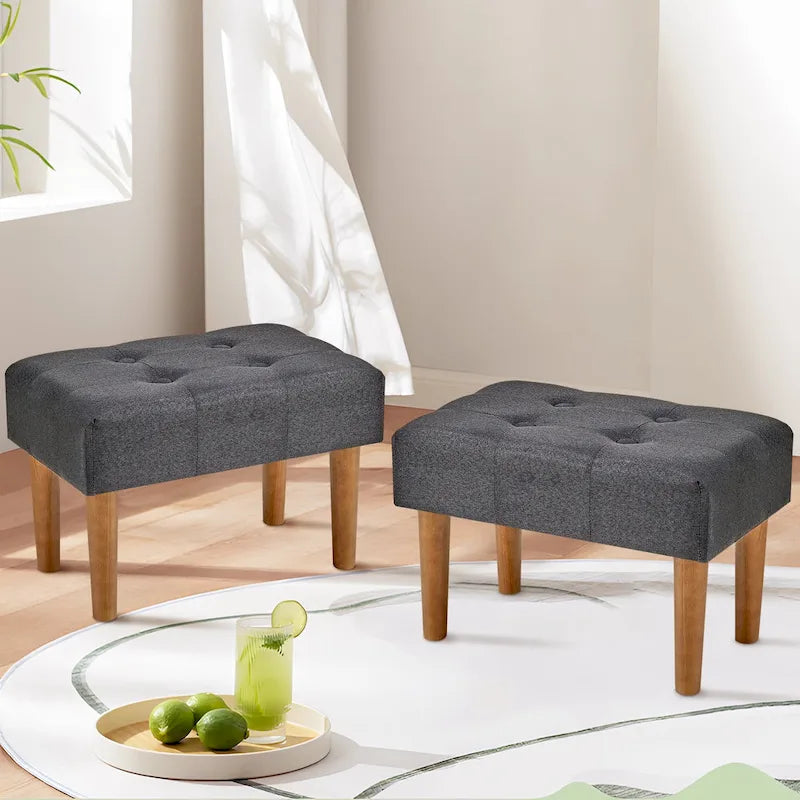 Set of 2 Small Linen Foot Stools with Legs - Rectangle Upholstered Ottoman Footrests