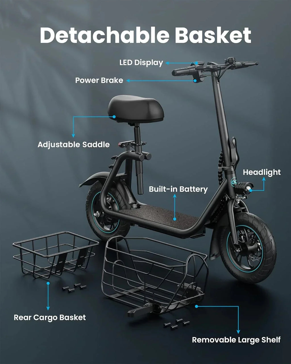 Electric scooter for adults with large center basket