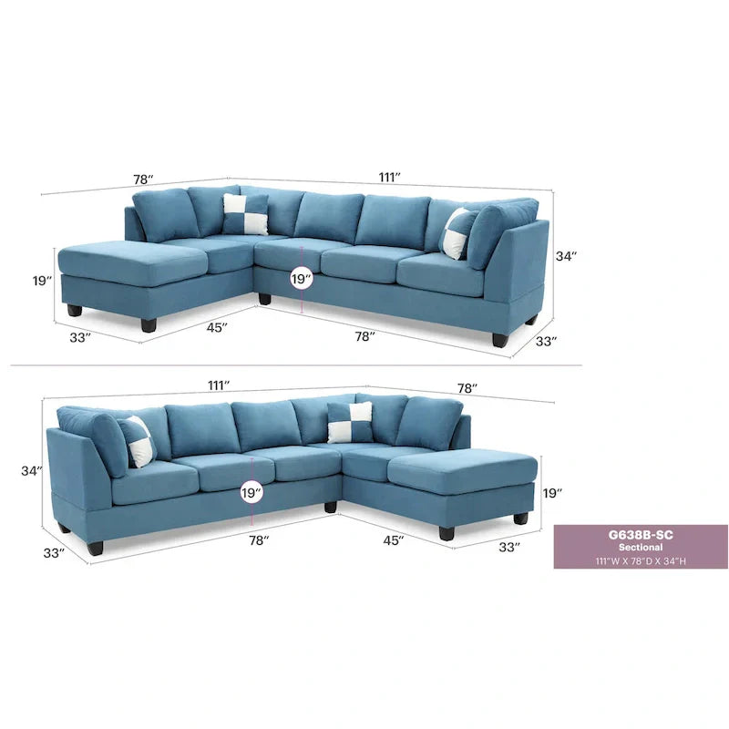 Malone 111-Inch Suede 4-Seater Sectional Sofa with Two Throw Pillows - Dimensions: 111L x 78W x 34H