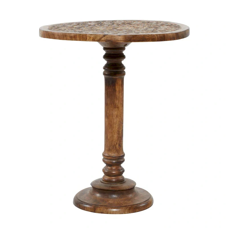 Intricately Carved Dark Brown Mango Wood Accent Table with Elephant or Floral Design and Turned Base - Roche River Decor
