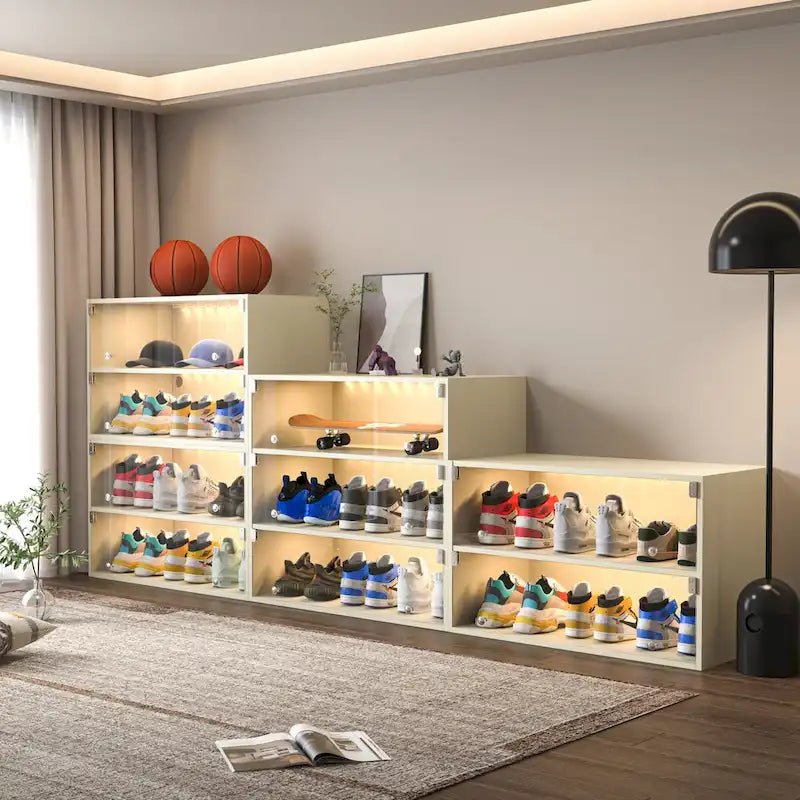 LED-Illuminated Glass Door Shoe Storage Cabinet for Sneakers