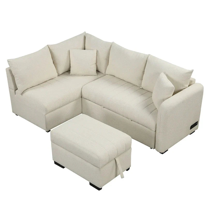 Sectional Sofa Bed with Storage Ottoman USB Ports and Pull Out Design