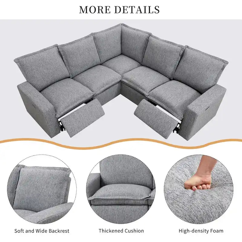 Linen Upholstered Power Recliner L-Shaped Sectional Sofa with USB Port - Soft Home Theater Seating for Living Room