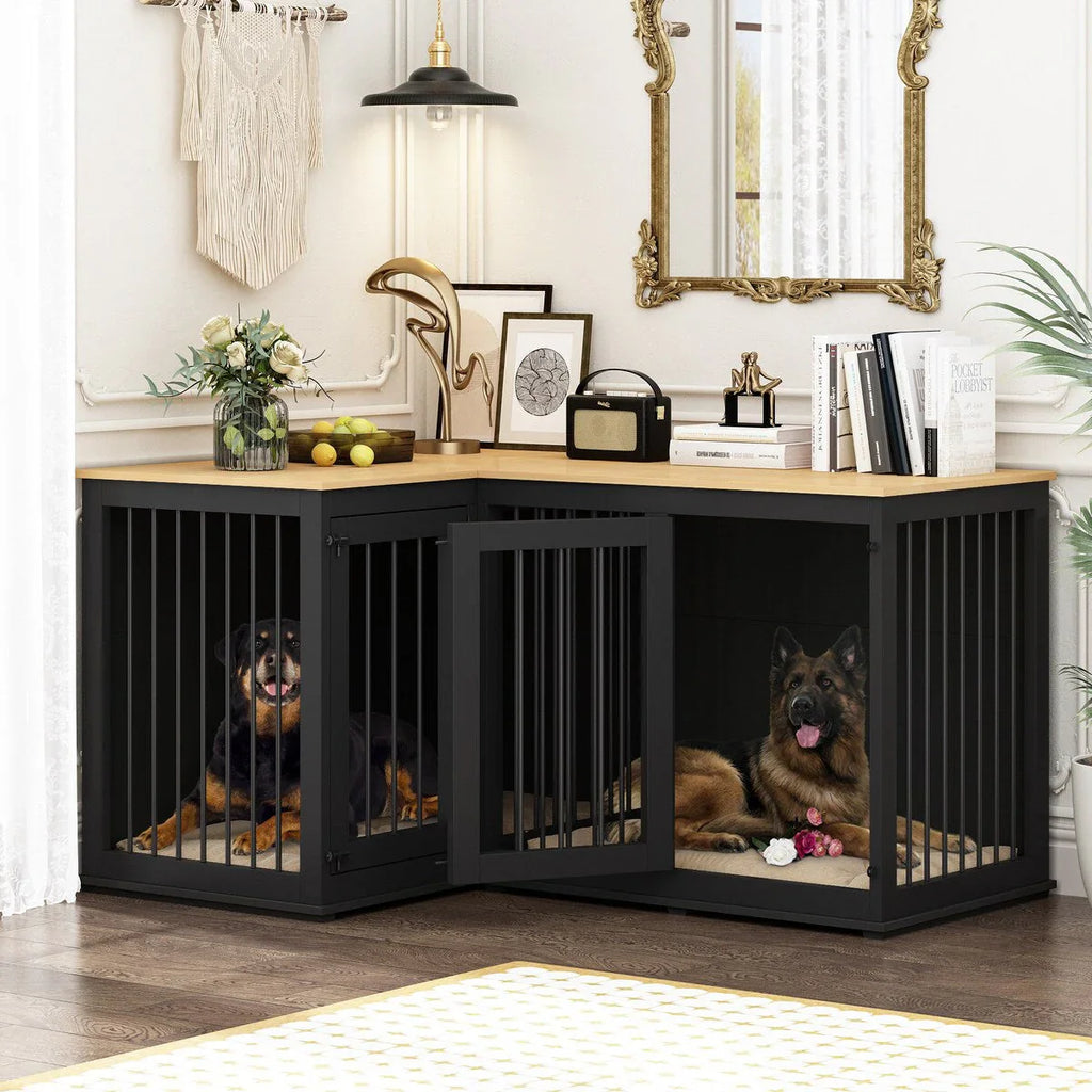 Large Corner Dog Crate Furniture for 2 Dogs, L Shape Dog Crate Cage - 58.7X41.1