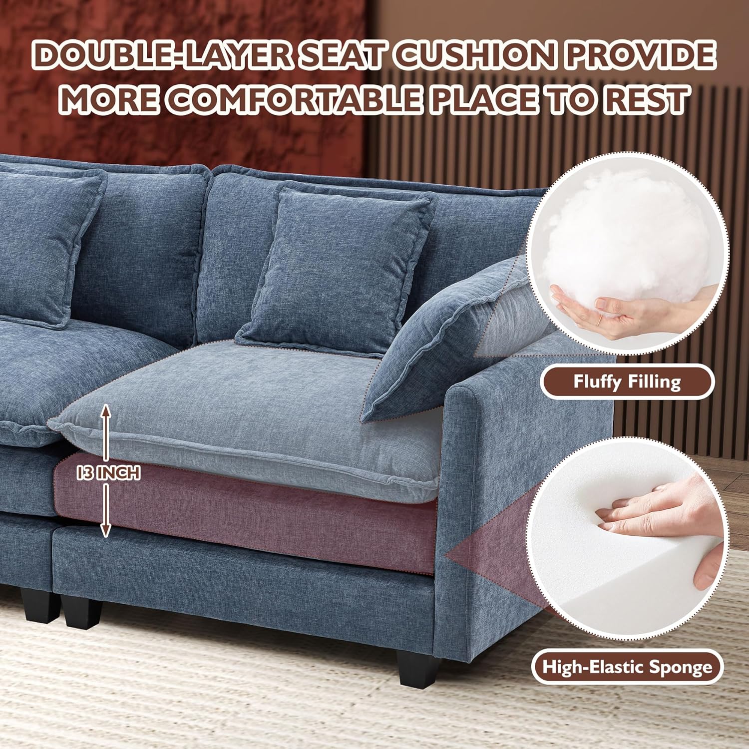 Ihanherry 146" U-Shaped Modern Sofa Modular Sectional Cloud Couch with 2 Ottoman, 6-Seat Chenille Deep Seat Sofa with 6 Pillows for Living Room, Bedroom and Apartment, Grey