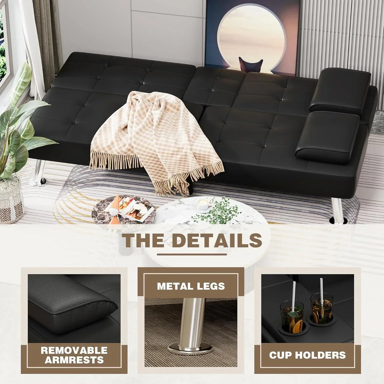 Homall Futon Sofa Bed Leather Futon Couch with Armrests Adjustable Recliner Sleeper Sofa Bed
