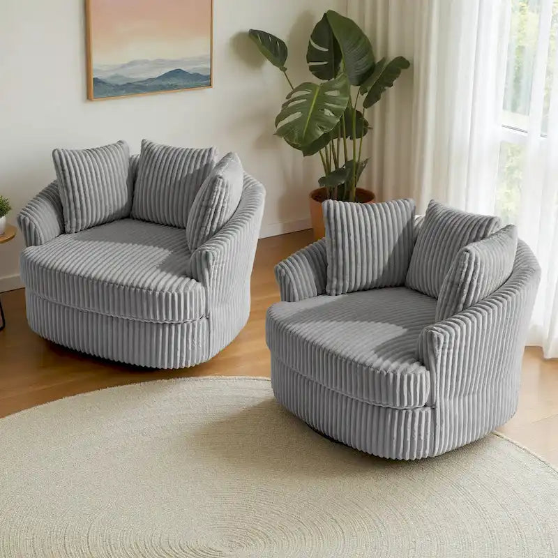 Set of 2 Oversized 43" Plush Corduroy Swivel Barrel Chairs with Cushions