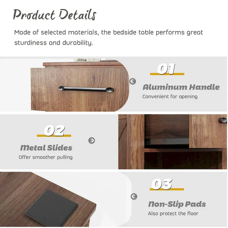 Rustic Wooden Bedside Table with Drawer and Shelf by Gymax