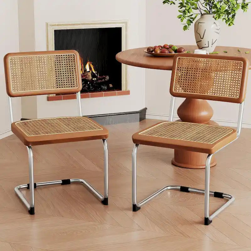 Set of 2 Upholstered Natural Rattan Dining Chairs - Armless Accent Side Chairs for Kitchen