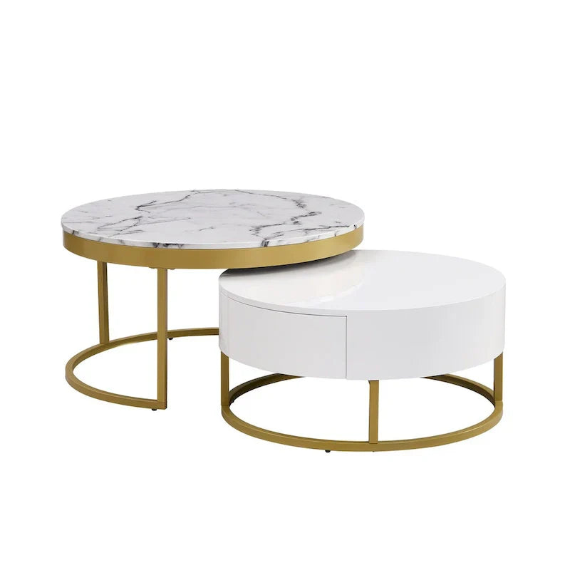 GEITIN Contemporary Round Nesting Coffee Table with Storage Drawers