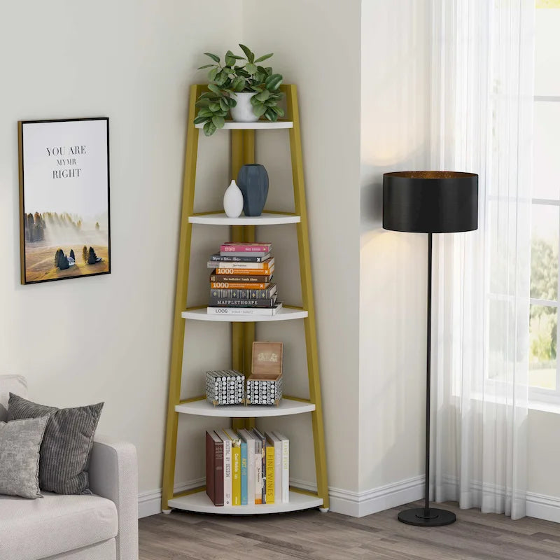 Rustic Brown 5-Tier Corner Shelf Storage Tower for Bathroom