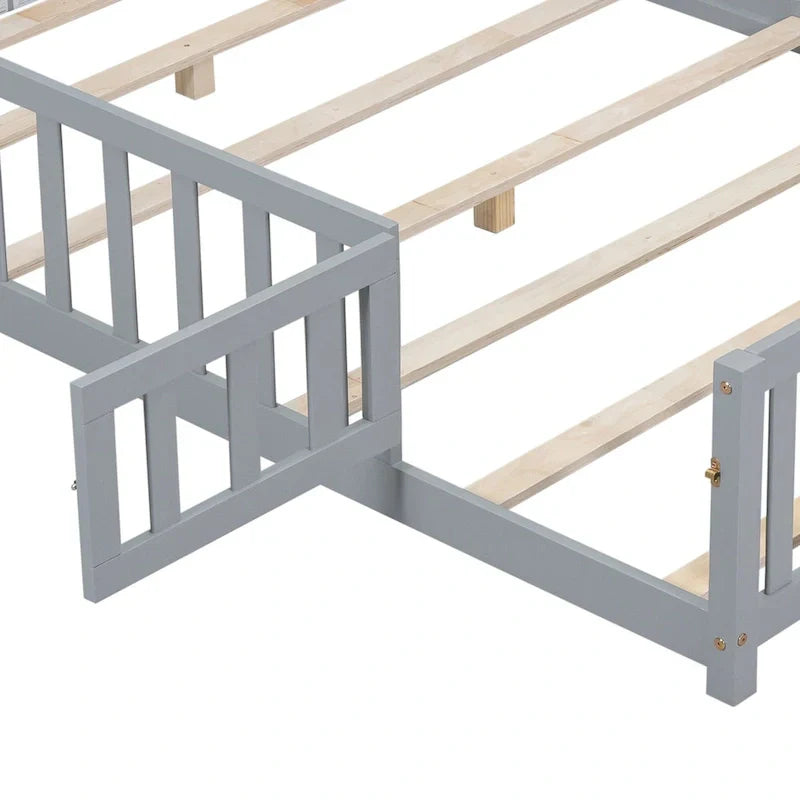 Kids' Full-Size Wooden Floor Bed with Fence and Door