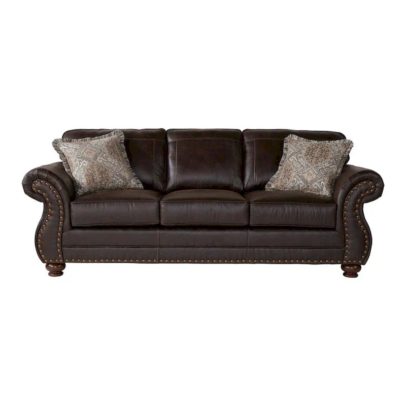 Roundhill Furniture Leinster Espresso Fabric Upholstered Sofa and Loveseat Set with Nailhead Trim