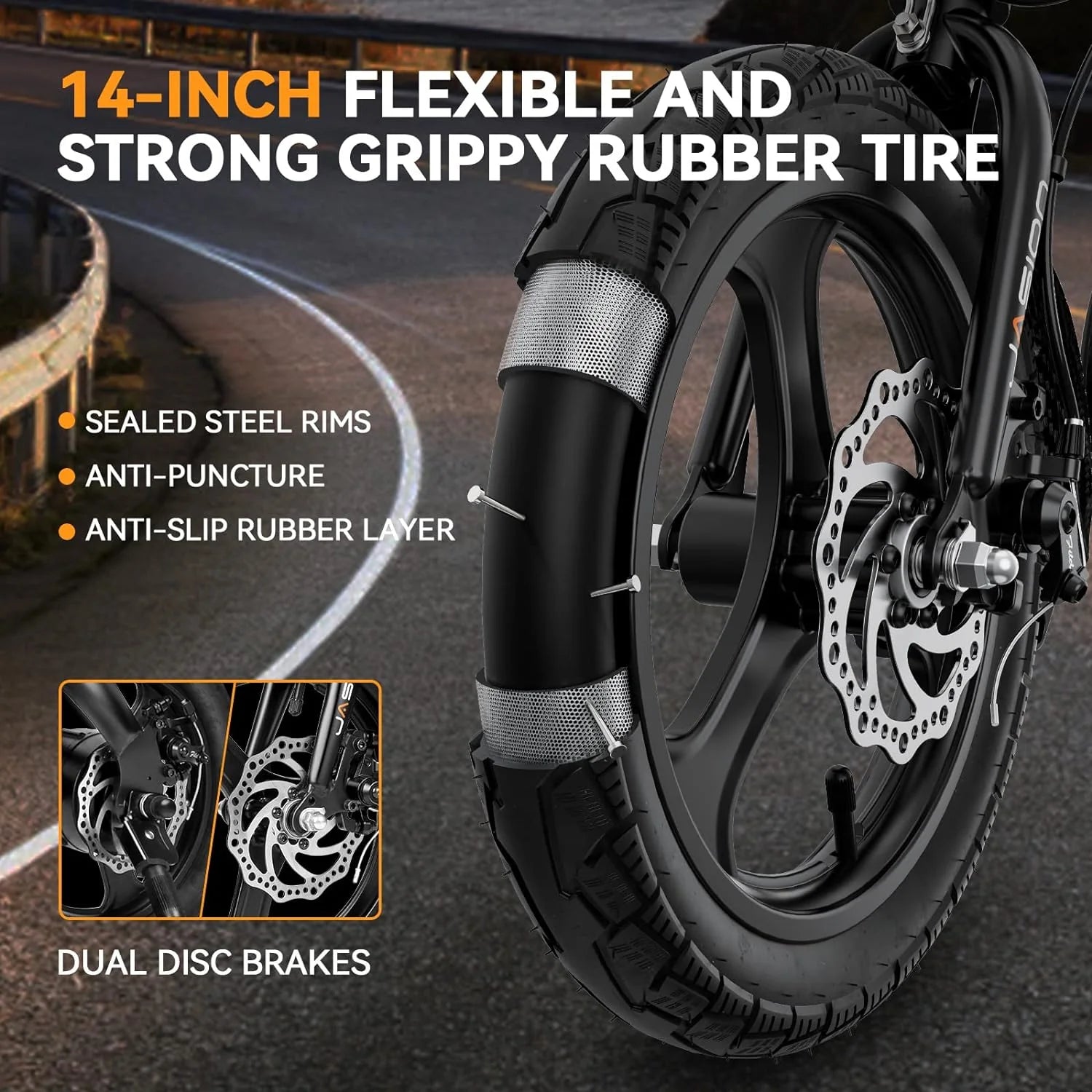 Jasion EB3 Electric Bike Adults 21mph, 500W Peak Motor, 270Wh Battery, Rear Suspension, 3 Levels Assist, 14&prime;&prime; Folding Ebike for Adults and Teens, Complies to UL2849