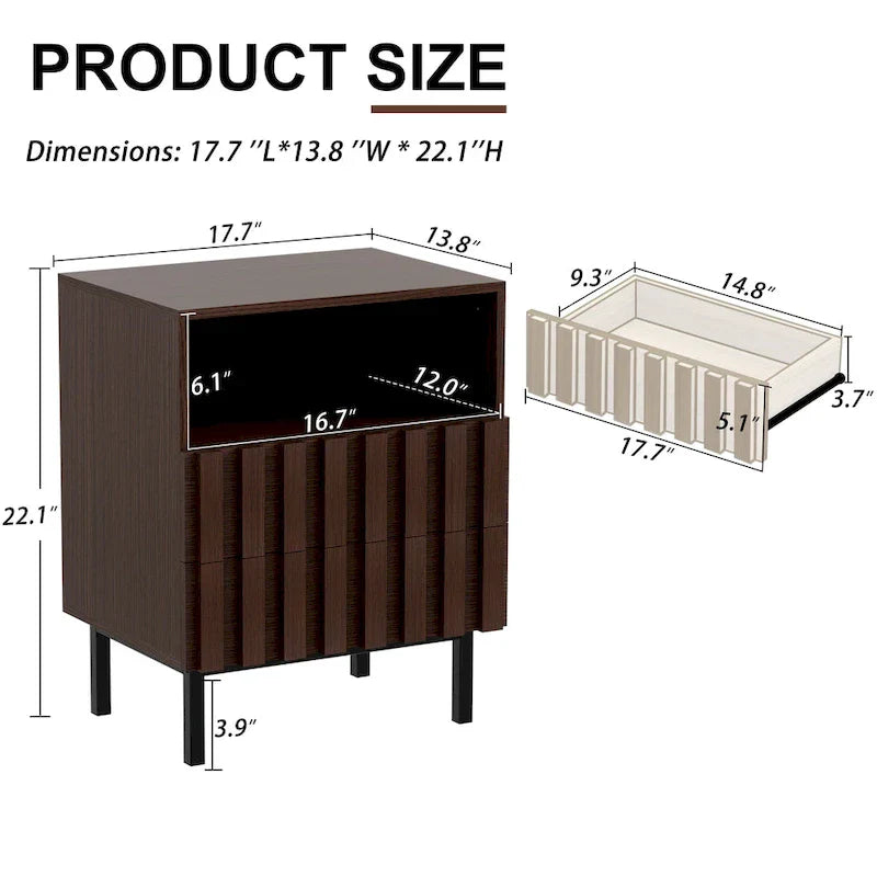 Mid-Century Modern Nightstand with 2 Drawers and Storage - Stylish Bedside Accent Table