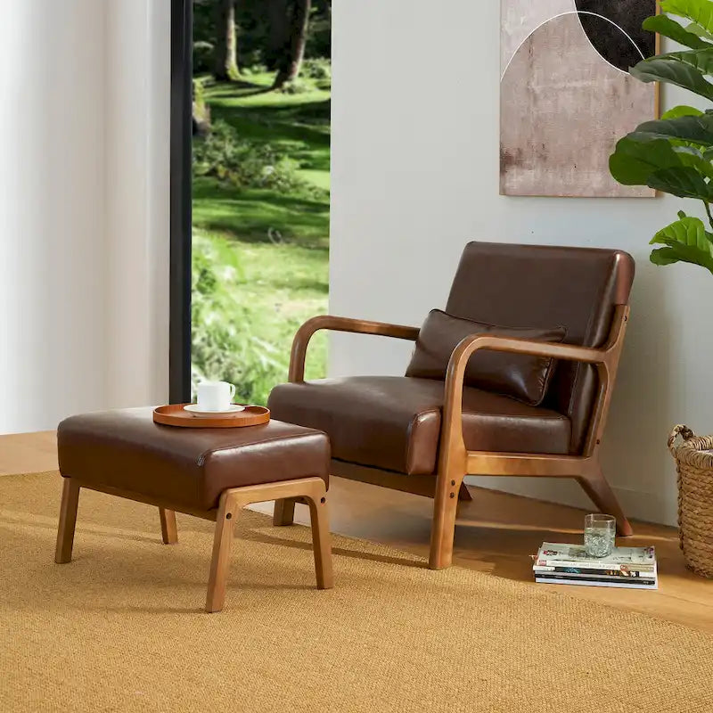 Glitzhome 30.75-Inch Mid-Century PU Leather Armchair and Ottoman Set