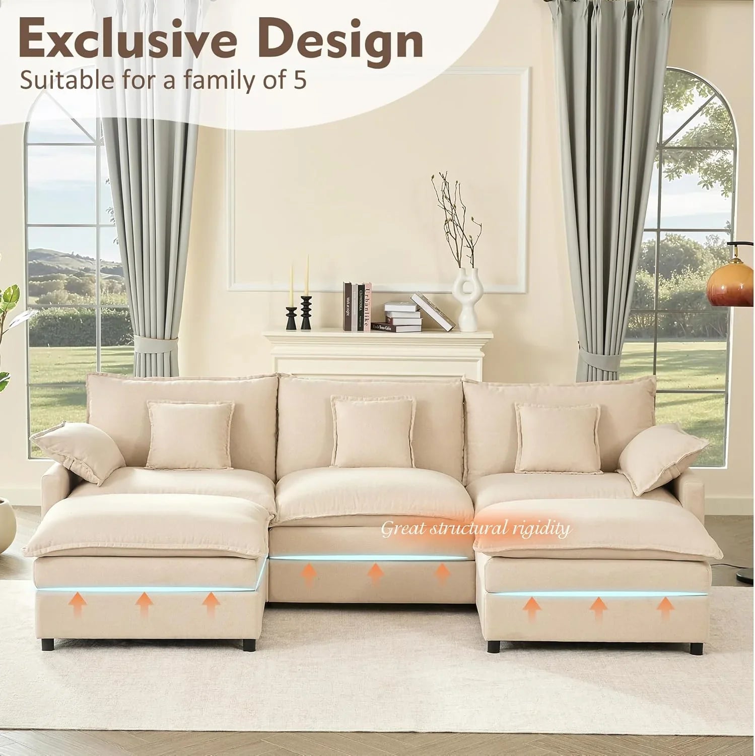 108 Inch U Shape Sofa Sectional Sofa Comfortable Cloud Sofa with Removable Footstool