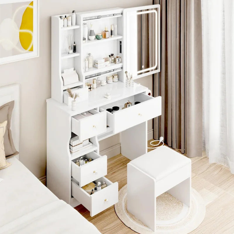 LED Mirror Makeup Vanity with Left Drawer, USB Charging Station, and Padded Stool