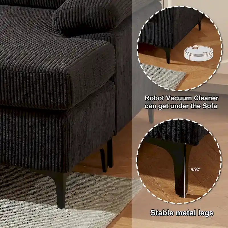 HOOOWOOO Reversible Corduroy Chaise Sofa with Wide Armrests and Ottoman for Living Room
