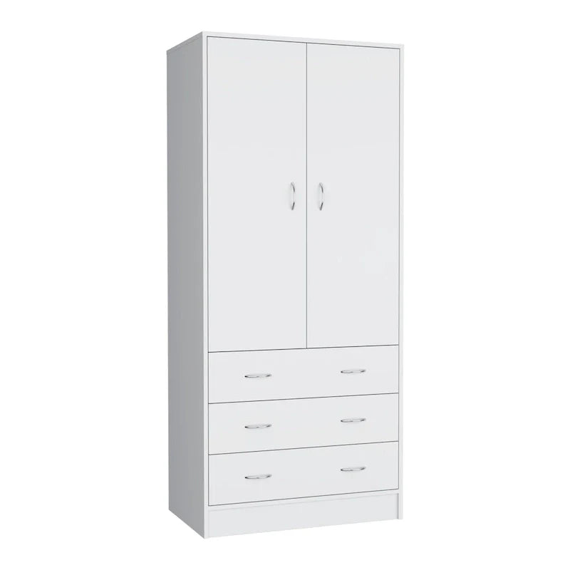 19 Modern Double-door Armoire with 3 Drawers and 1 Hanging Rod for Bedroom