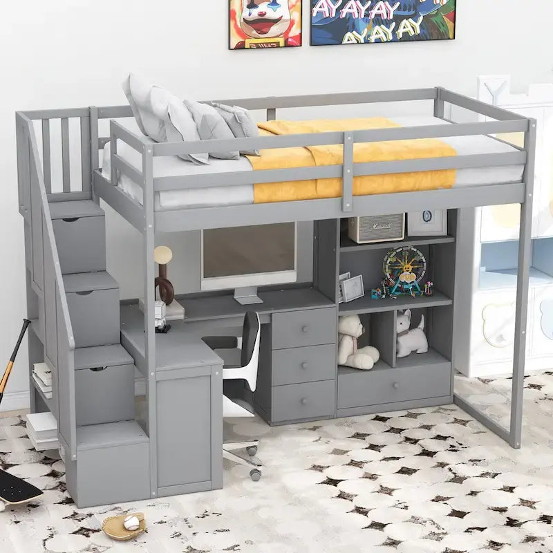 Loft Bed with Desk Storage Drawers Shelves and Staircase