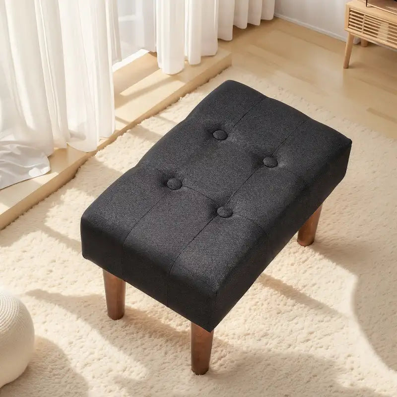 Set of 2 Small Linen Foot Stools with Legs - Rectangle Upholstered Ottoman Footrests