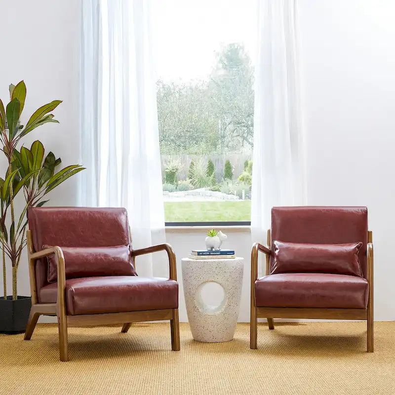 Glitzhome Set of 2 Mid-Century Modern PU Leather Accent Chairs - 30.75H with Cushions (25.75W x 33.75D)