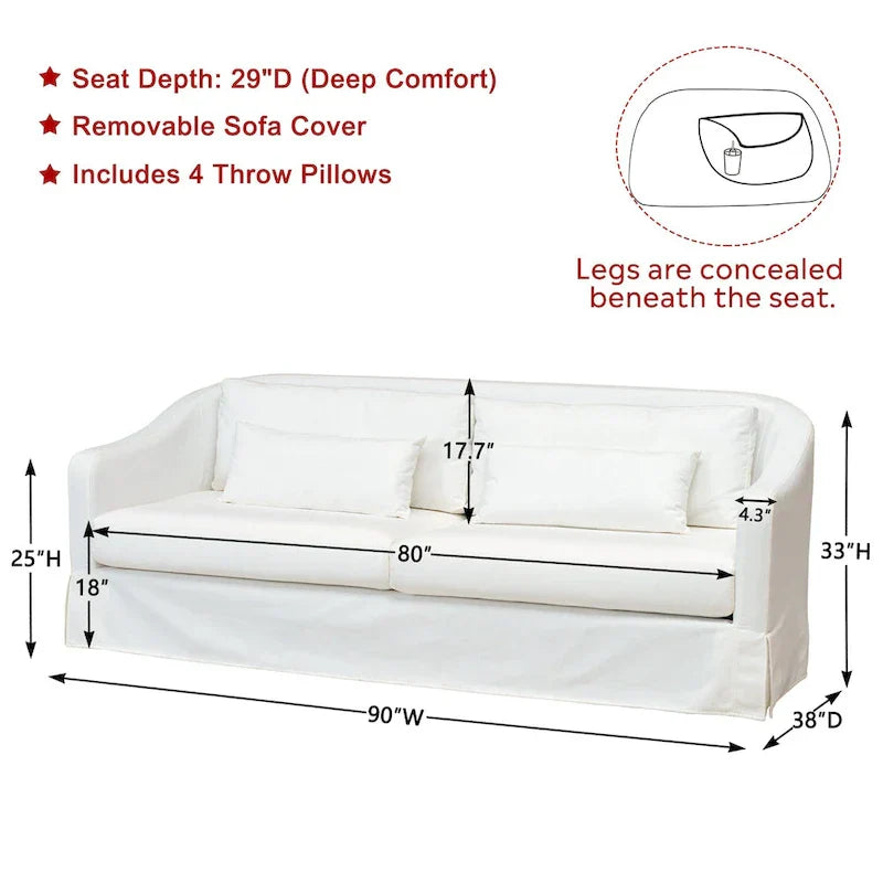 KINWELL 90W Linen Slipcovered 3-Seater Sofa with Skirt and 4 Pillows