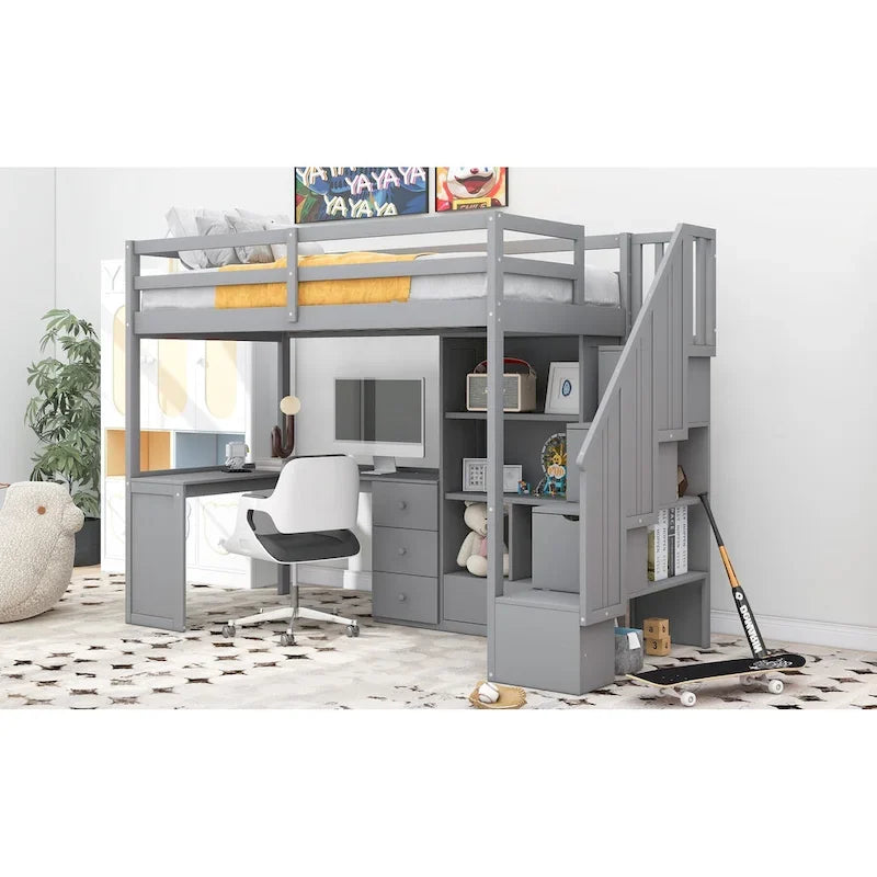 Loft Bed with Desk Storage Drawers Shelves and Staircase