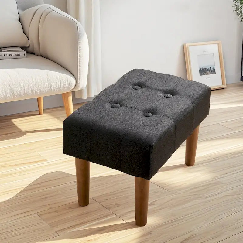 Set of 2 Small Linen Foot Stools with Legs - Rectangle Upholstered Ottoman Footrests