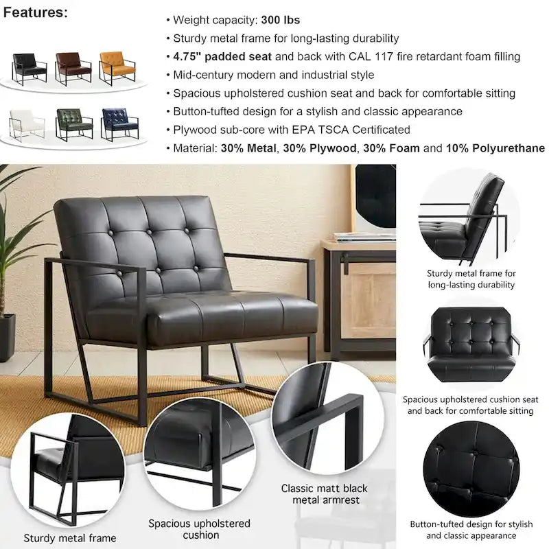Glitzhome Set of 2 Mid-Century Tufted Accent Chairs in 29.25W PU Leather