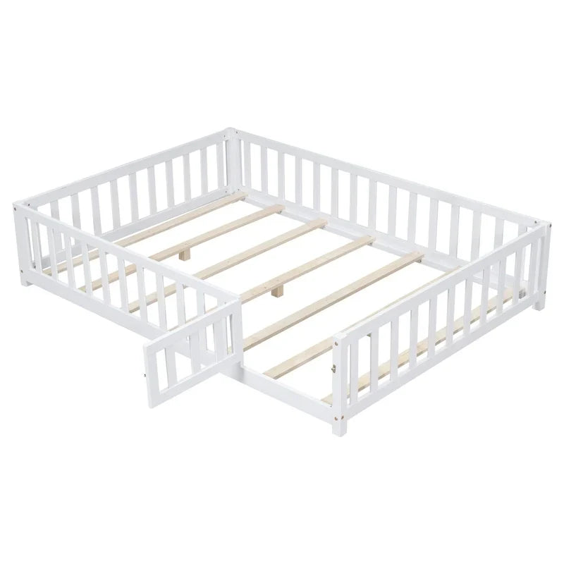 Kids' Full-Size Wooden Floor Bed with Fence and Door