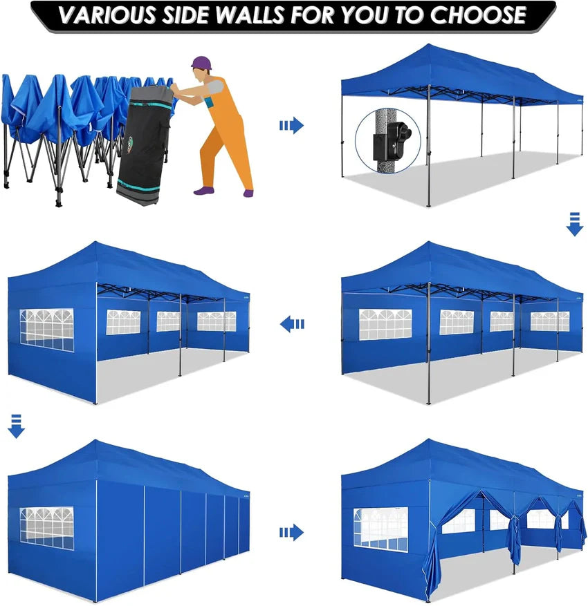 COBIZI 10x20 Heavy Duty Pop up Canopy Tent with 6 sidewalls Easy Up Commercial Outdoor Canopy Wedding Party Tents for Parties All Season Wind & Waterproof Gazebo with Roller Bag,Black(Frame Thickened)