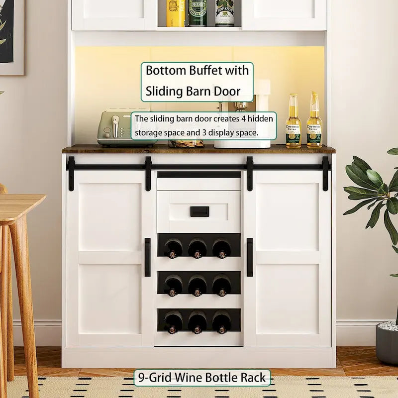 Rustic White Farmhouse Bar Cabinet with Sliding Barn Door - Spacious Kitchen Buffet and Coffee Bar Sideboard Table