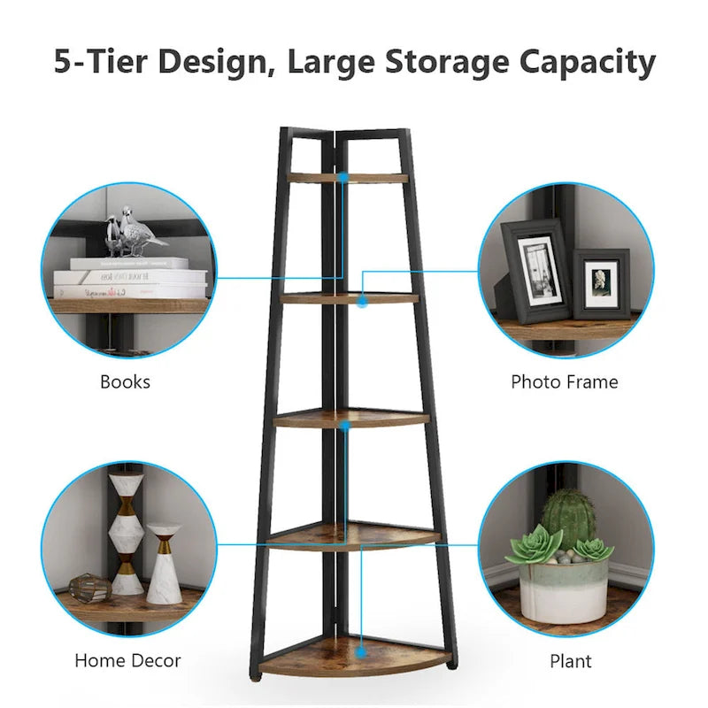 Rustic Brown 5-Tier Corner Shelf Storage Tower for Bathroom