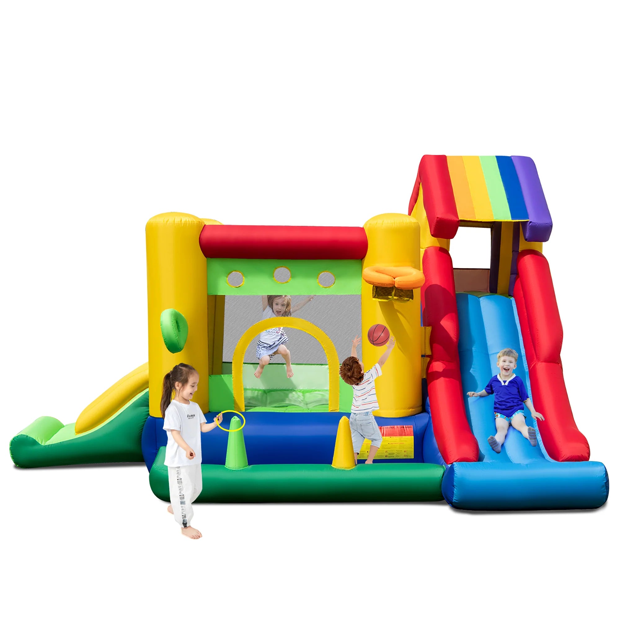 Costway Colorful Rainbow Kids Inflatable Bounce Castle with 50 Ocean Balls & 735W Blower