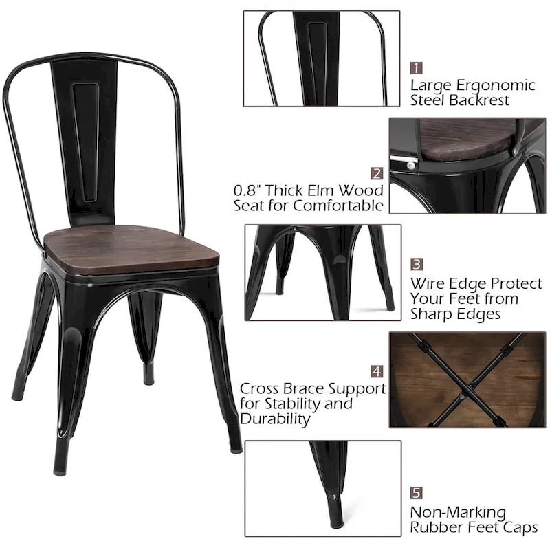 Set of 4 Stackable Bistro Cafe Dining Chairs with Metal Frame and Wooden Seat - Details Inside