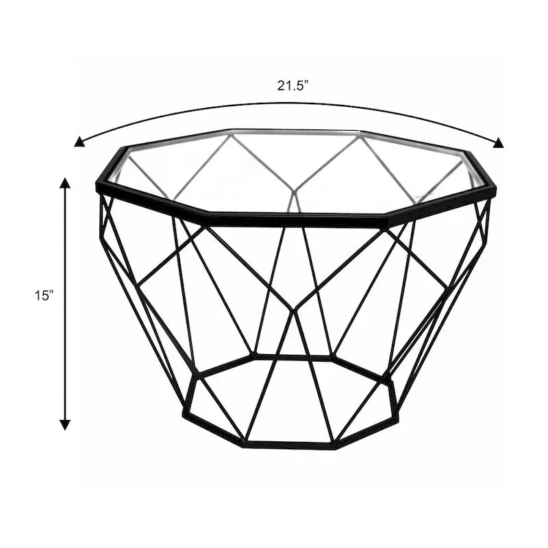 Malibu 22 Modern Octagonal Coffee Table with Tempered Glass Top and Durable Metal Geometric Base for Living Room or Office