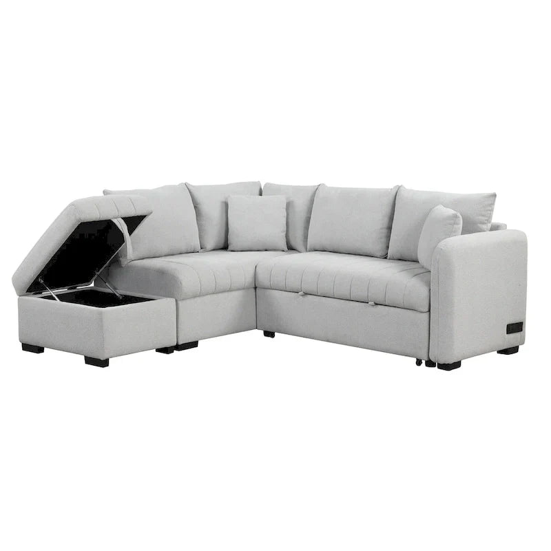 Sectional Sofa Bed with Storage Ottoman USB Ports and Pull Out Design