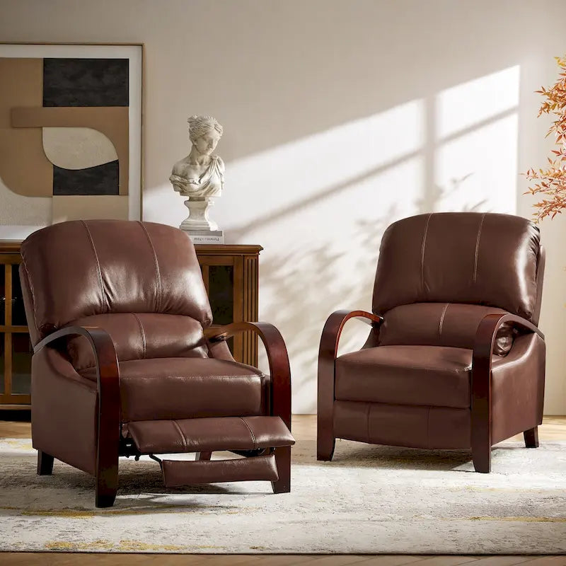 Set of 2 Alex Mid-Century Modern Genuine Leather Manual Recliners with Curved Wooden Arms