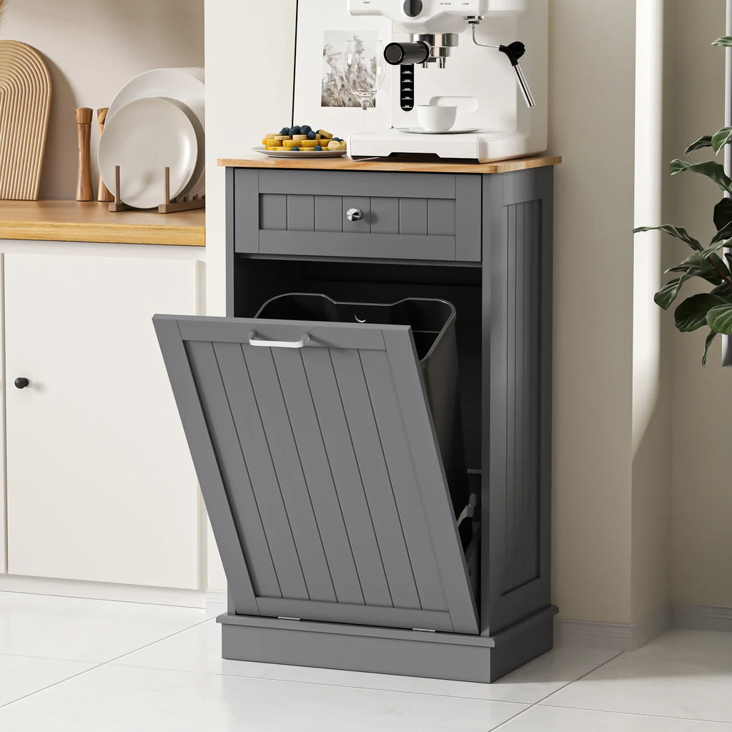 HARIPUL Single Tilt Out Trash Cabinet for 13 Gallon Waste Bin, Free Standing Kitchen Trash Can Cabinet with Drawers, White